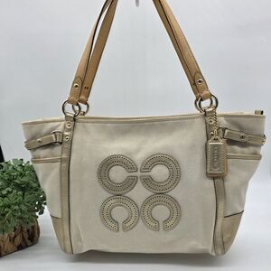 COACH Natalie Metallic Gold Bag Beige Cream Canvas Leather Tote Purse Bag 16756